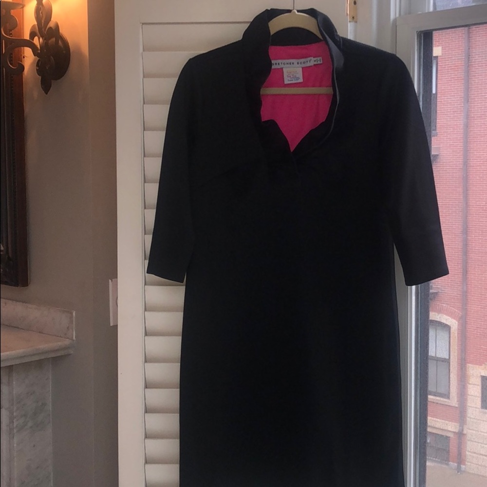 Black knee length dress with standup ruffle collar